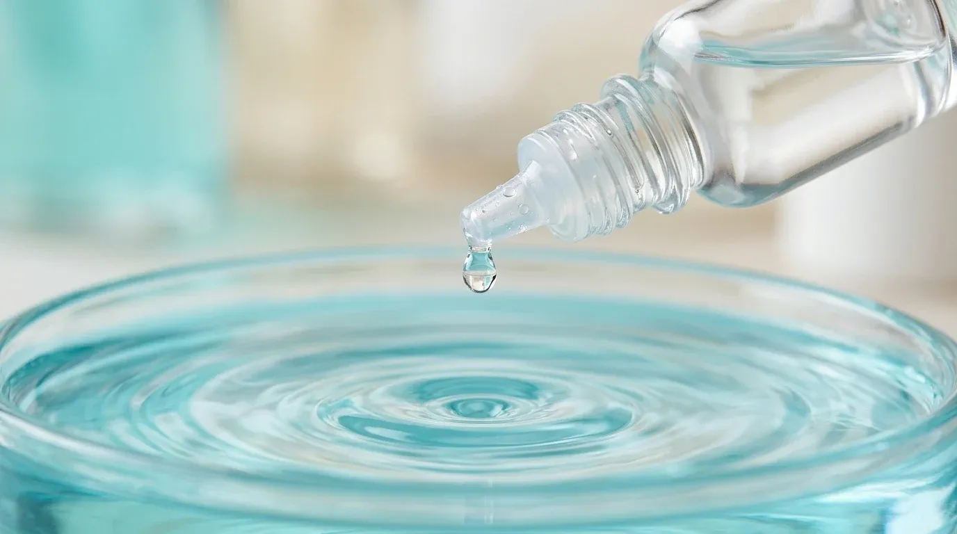 Eye dropper bottle dispensing a single drop into a dish of water